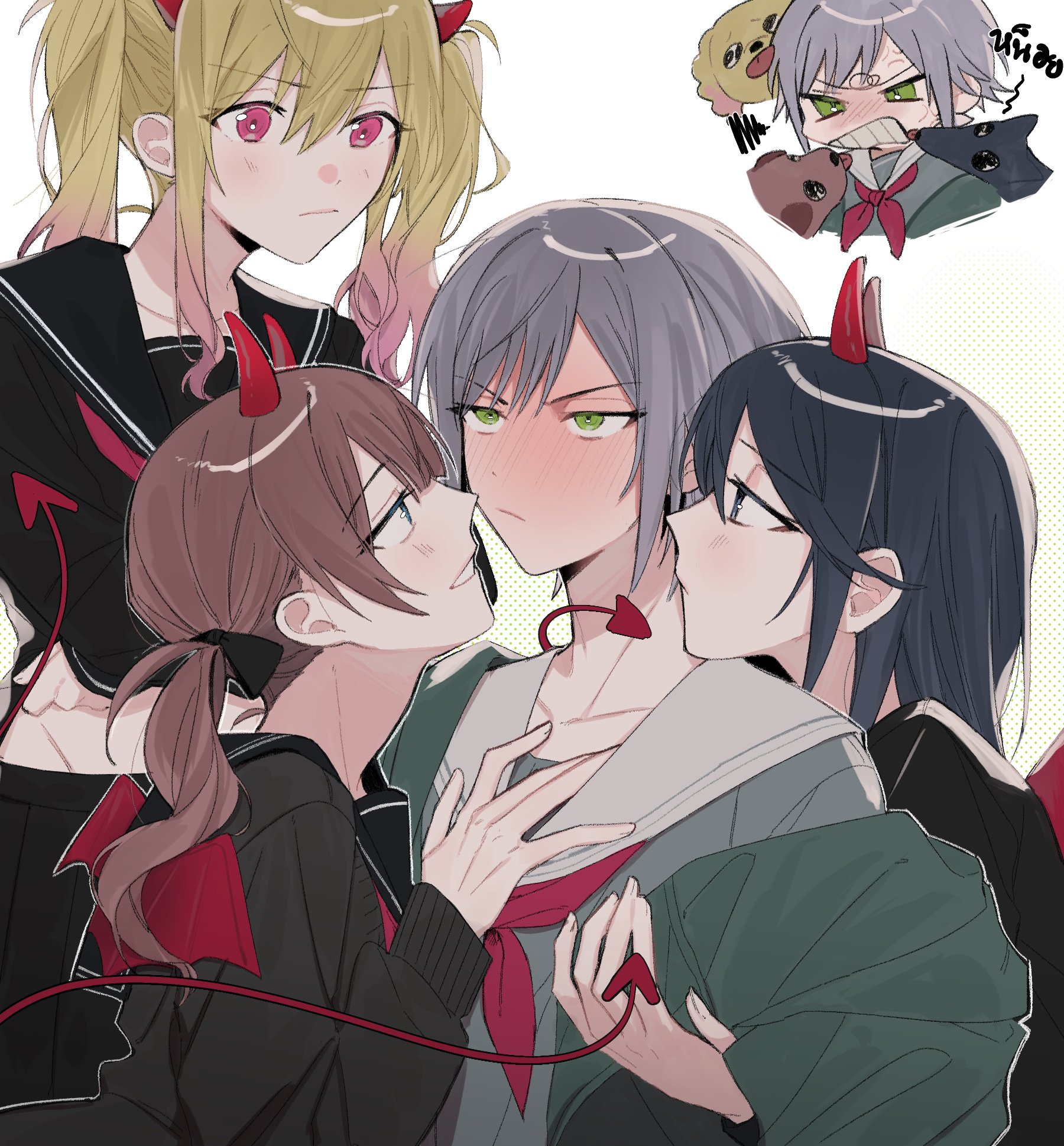 haruka 3442, hinomori shiho, hoshino ichika (project sekai), mochizuki honami, tenma saki, project sekai, commentary, highres, symbol-only commentary, 4girls, black hair, blonde hair, blush, brown hair, demon horns, demon tail, green eyes, grey hair, hand on another's chest, horns, hug, jacket, long hair, multiple girls, official alternate costume, open clothes, open jacket, red eyes, red ribbon, ribbon, school uniform, short hair, side ponytail, tail, tail around neck, twintails, white background, yuri