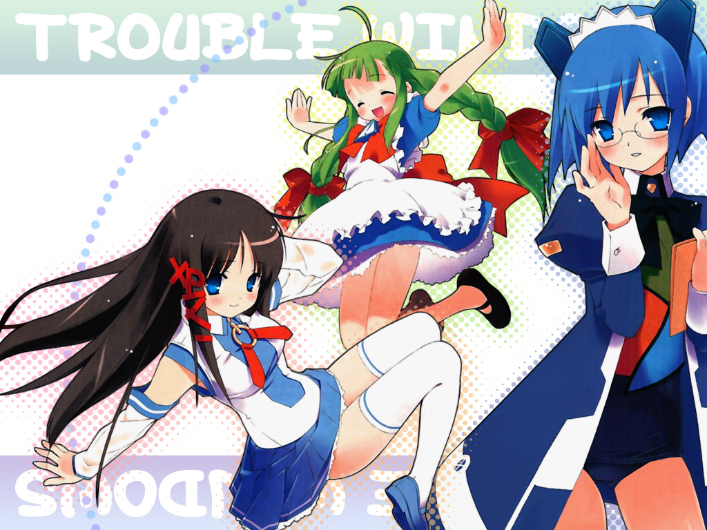 gayarou, 2k-tan, me-tan, xp-tan, os-tan, troubled windows, 3girls, adjusting eyewear, ahoge, black hair, blue eyes, blue hair, blue skirt, blush, braid, breasts, brown hair, detached sleeves, dress, glasses, green hair, hair ornament, long hair, maid, multiple girls, shirt, short hair, skirt, small breasts, thighhighs, twin braids