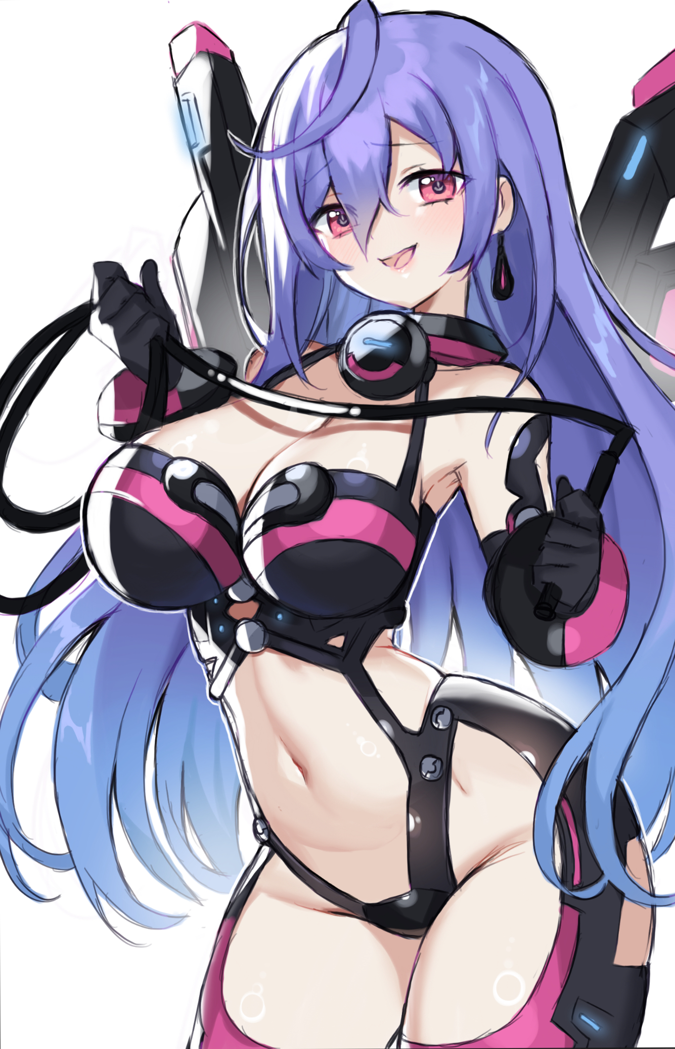 suuuuica, iris heart (neptunia), kami jigen game neptune v, neptune (series), commentary request, highres, 1girl, armpits, bare shoulders, black gloves, black leotard, black thighhighs, blue hair, breasts, dominatrix, earrings, elbow gloves, gloves, hair between eyes, holding, holding weapon, holding whip, jewelry, large breasts, leotard, long hair, mechanical wings, navel, open mouth, pink eyes, power symbol, power symbol-shaped pupils, smile, solo, symbol-shaped pupils, thighhighs, very long hair, weapon, whip, white background, wings