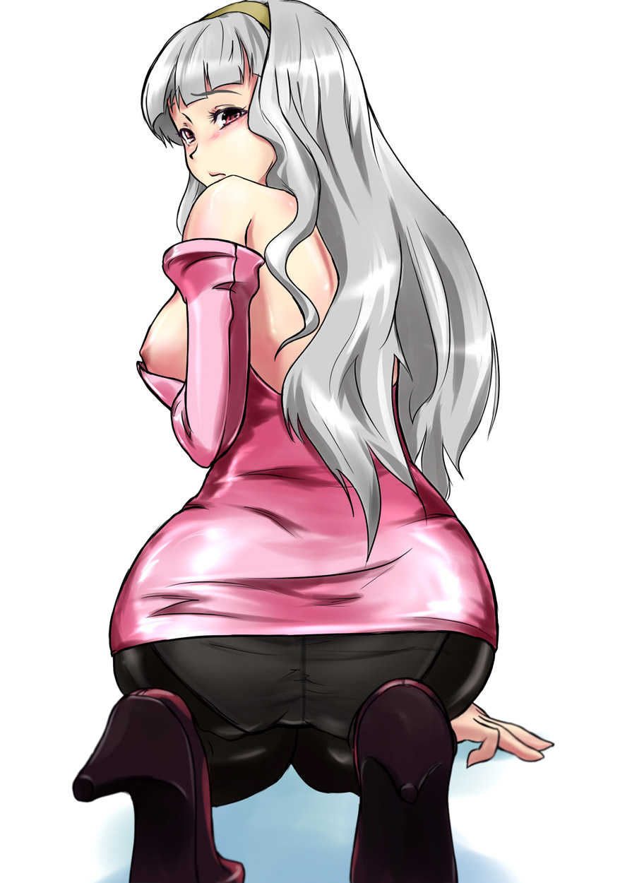 asaki yuki, shijou takane, idolmaster, idolmaster (classic), silver hair, highres, 00s, 1girl, ass, blush, breasts, clothes pull, crotch seam, dress, dress pull, elbow gloves, female focus, gloves, hairband, high heels, kneeling, large breasts, long hair, looking back, nipples, panties, panties under pantyhose, pantyhose, red eyes, shiny clothes, shoes, solo, underwear