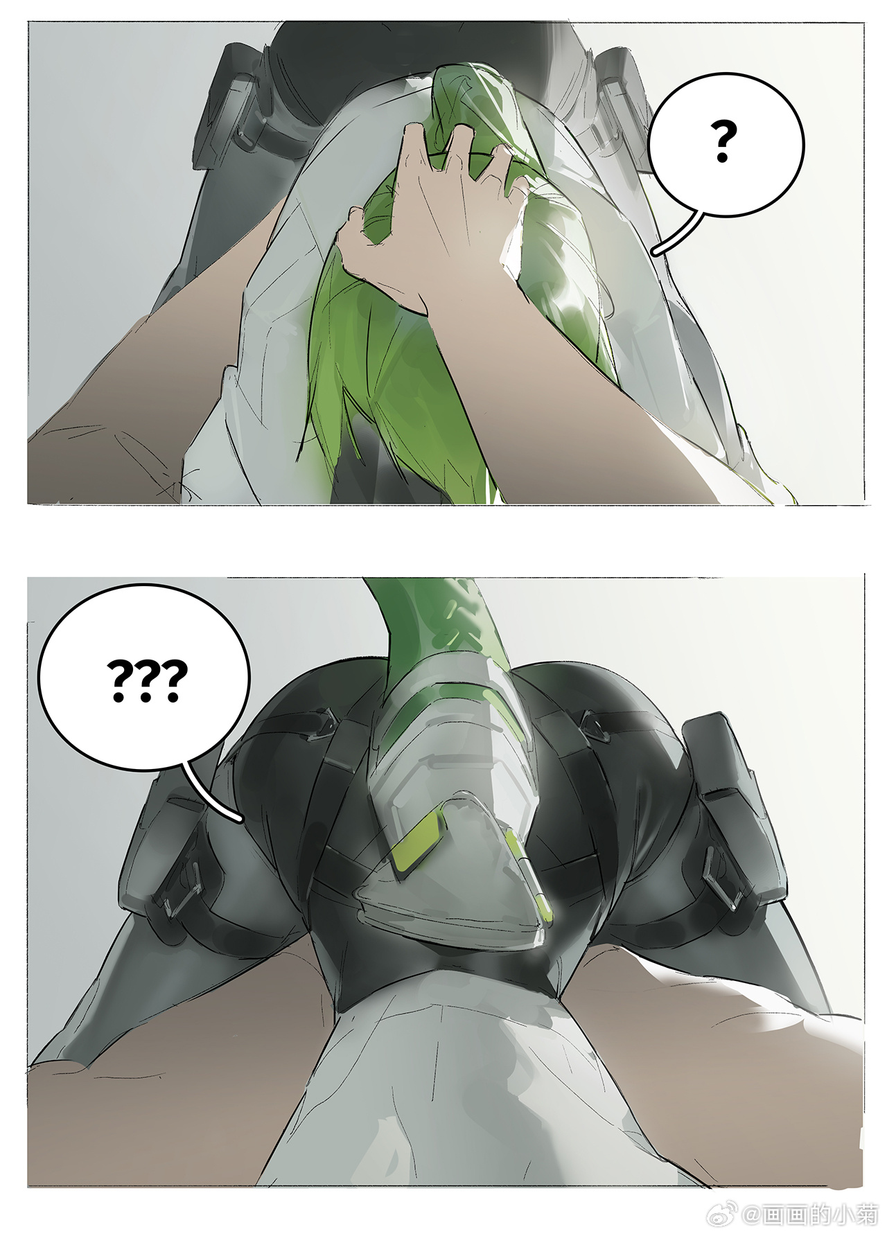 cao xiaojv, fluorite (arknights), arknights, arknights: endfield, highres, tagme, 1girl, ?, ??, grabbing another's head, green hair, green tail, snake girl, speech bubble, spoken question mark