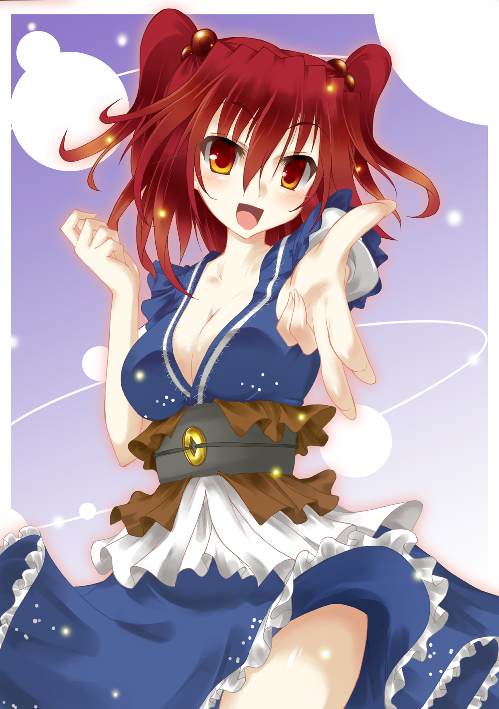fuyuno taka, onozuka komachi, touhou, bad id, bad pixiv id, highres, 1girl, breasts, cleavage, dress, female focus, gradient background, hair bobbles, hair ornament, large breasts, red eyes, red hair, short hair, solo, twintails, two side up, white background