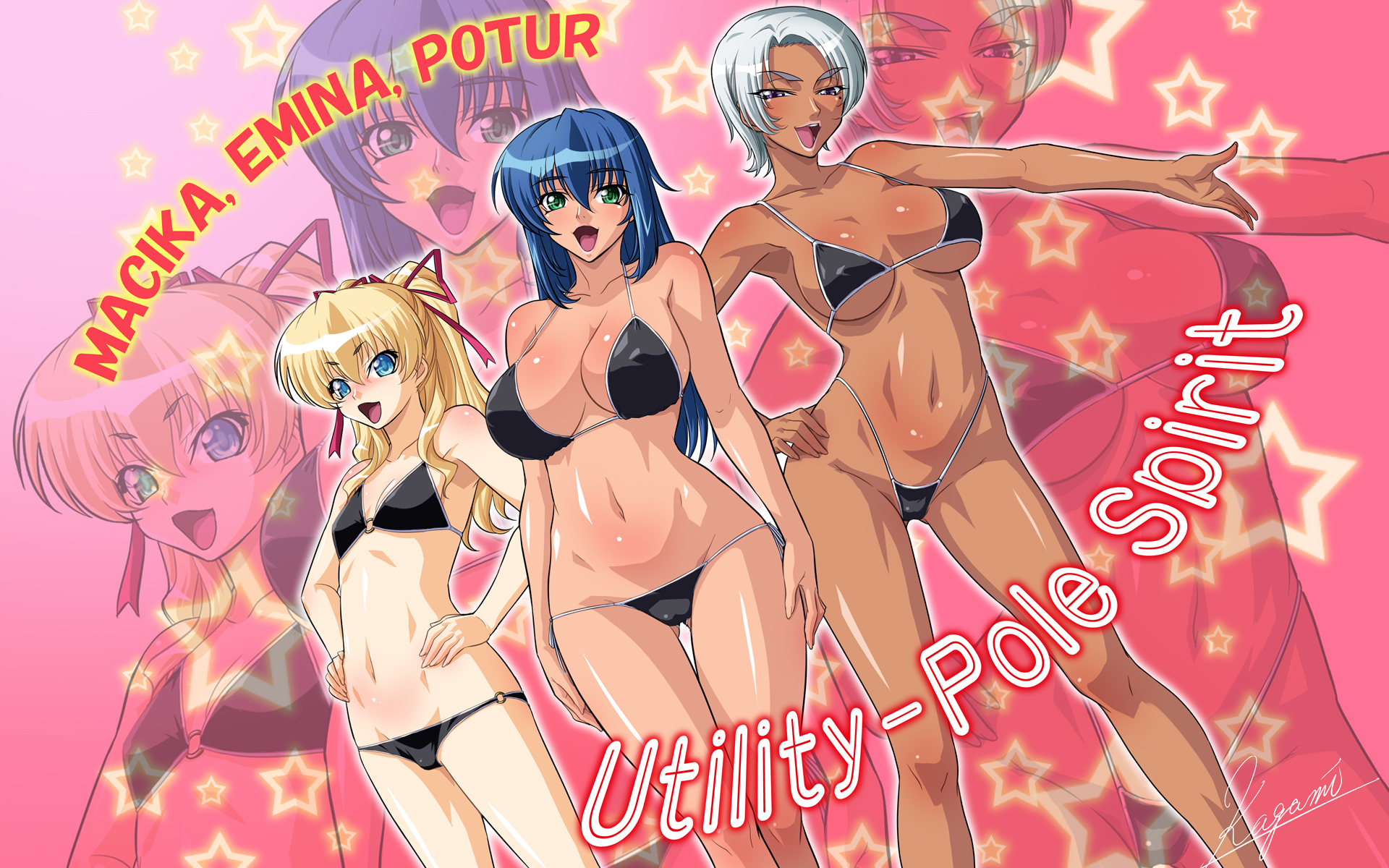 kagami hirotaka, emina (emina&aki), macika, potur, emina&aki, original, highres, 3girls, artist name, bikini, black bikini, blonde hair, blue eyes, blue hair, breasts, cameltoe, character name, cleavage, collarbone, covered erect nipples, dark-skinned female, dark skin, dutch angle, female focus, flat chest, gluteal fold, green eyes, groin, highleg, highleg bikini, huge breasts, large breasts, lips, long hair, looking at viewer, lowleg, lowleg bikini, micro bikini, mole, mole under eye, multiple girls, navel, open mouth, purple eyes, short hair, standing, strap gap, string bikini, swimsuit, thigh gap, very short hair, white hair, zoom layer