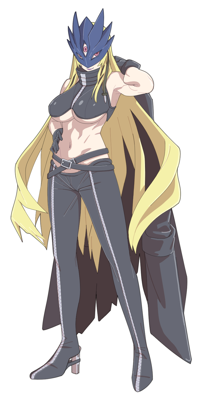 taira (tairamon), beelstarmon, digimon, commentary request, highres, 1girl, belt, black coat, black gloves, black pants, blonde hair, blue mask, breasts, coat, cropped vest, derringer, digimon (creature), eye mask, gloves, gun, handgun, holding, jacket, large breasts, leather, leather jacket, leather pants, long hair, looking at viewer, mask, navel, pants, simple background, solo, third eye, tight clothes, tight pants, underboob, vest, weapon