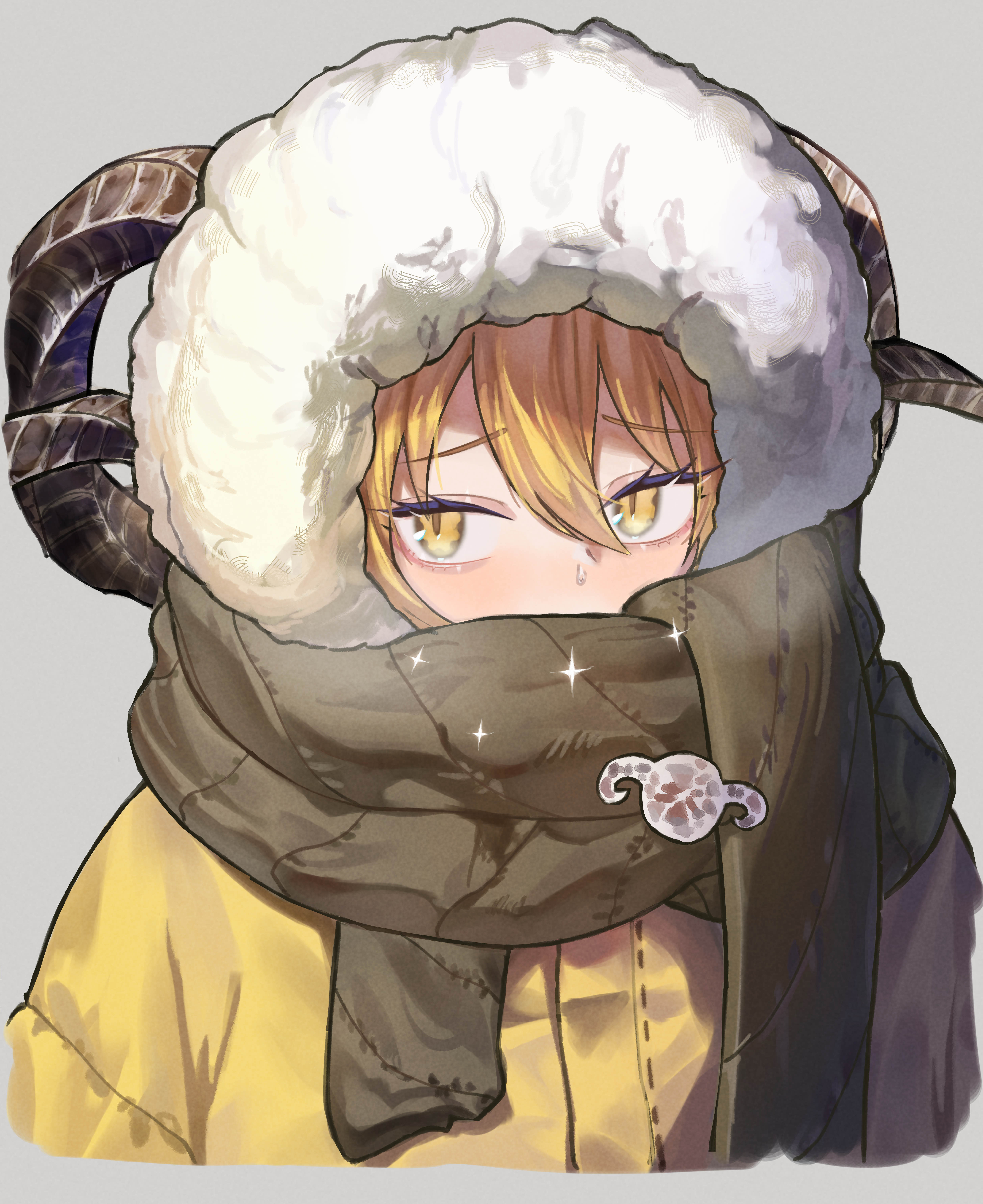 lechiennoir, don quixote (project moon), heishou pack-wei branch (identity) (project moon), limbus company, project moon, absurdres, commentary request, highres, 1girl, blonde hair, covered mouth, cropped torso, fur hood, green scarf, grey background, hair between eyes, horns, jacket, looking to the side, scarf, sheep girl, sheep horns, simple background, slit pupils, solo, yellow eyes, yellow jacket