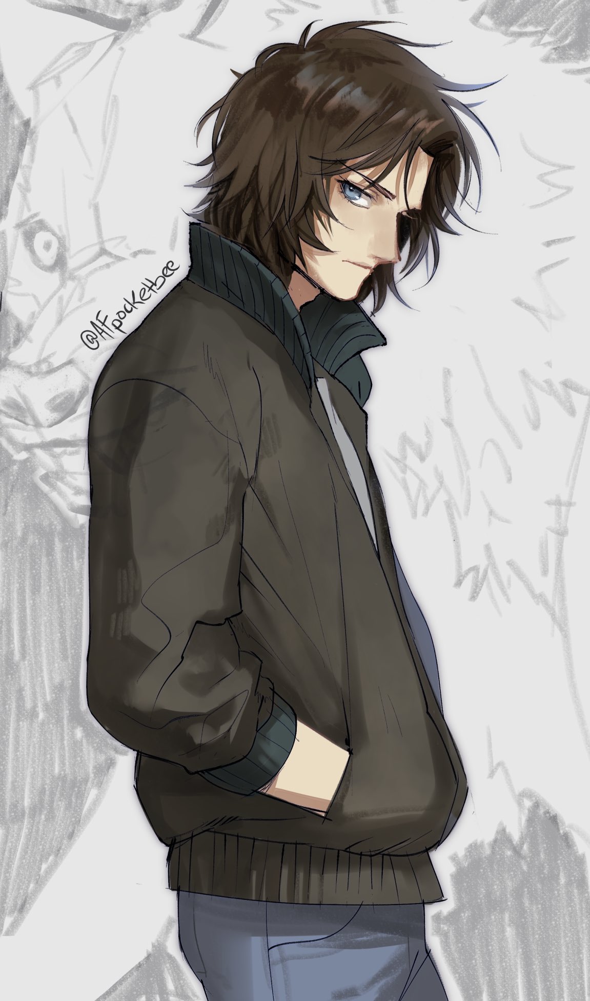 pocketbee, kiba, wolf's rain, commentary, english commentary, highres, 1boy, black jacket, blue eyes, brown hair, closed mouth, cowboy shot, denim, expressionless, eyelashes, from side, hands in pockets, jacket, jeans, long sleeves, looking at viewer, male focus, messy hair, pants, short hair, solo, twitter username