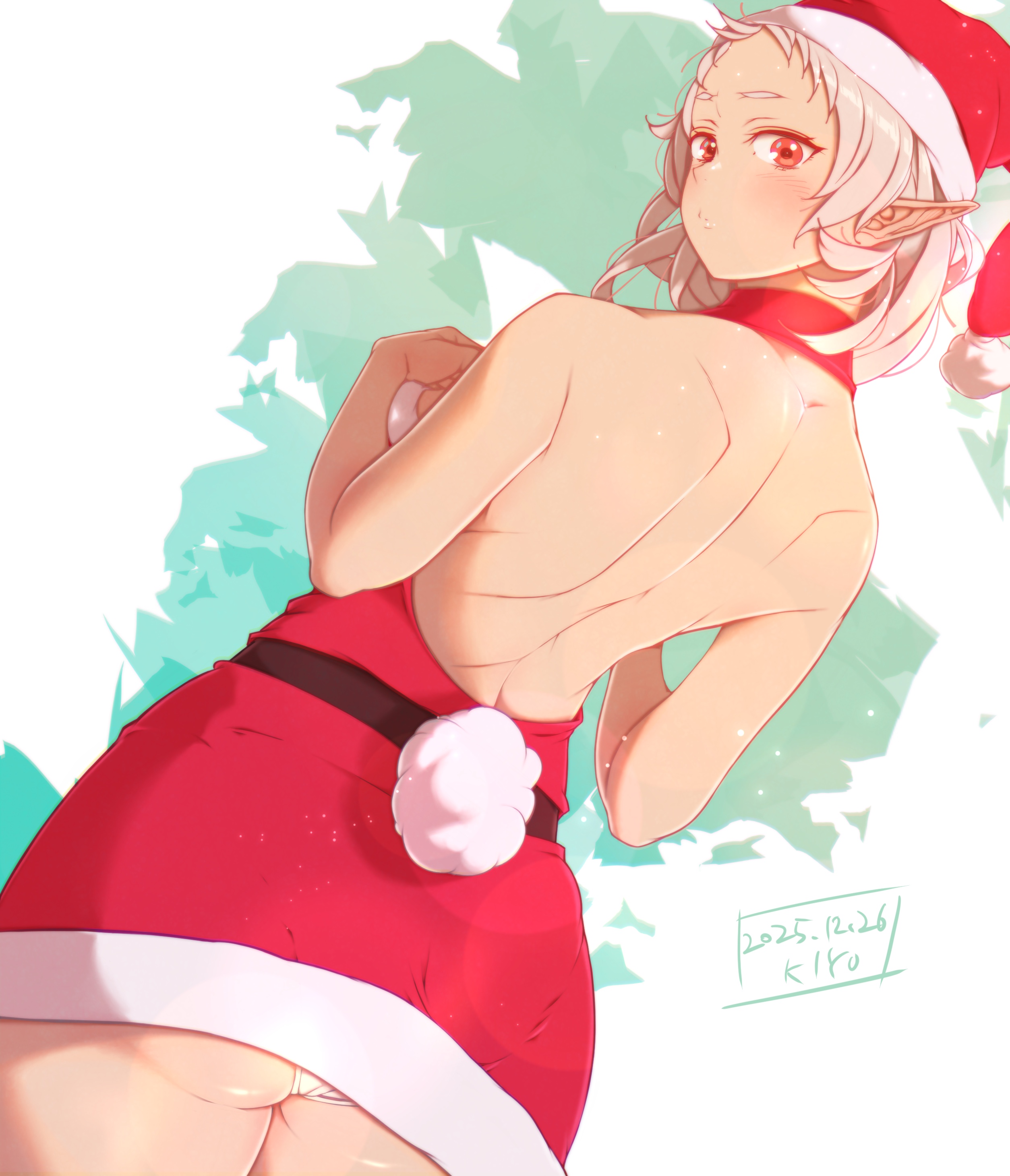 kiyo (a sam ko), sylphiette (mushoku tensei), mushoku tensei, absurdres, commentary request, highres, 1girl, alternate costume, ass, ass peek, backless dress, backless outfit, bare shoulders, belt, blush, closed mouth, cowboy shot, dated, dress, elf, fake tail, from behind, fur-trimmed dress, fur-trimmed headwear, fur trim, halter dress, halterneck, hands on own chest, hands up, hat, looking at viewer, looking back, median furrow, medium hair, parted bangs, pointy ears, rabbit tail, red dress, red eyes, red hat, santa costume, santa dress, santa hat, short dress, shoulder blades, signature, sleeveless, sleeveless dress, solo, tail, underbutt, white hair