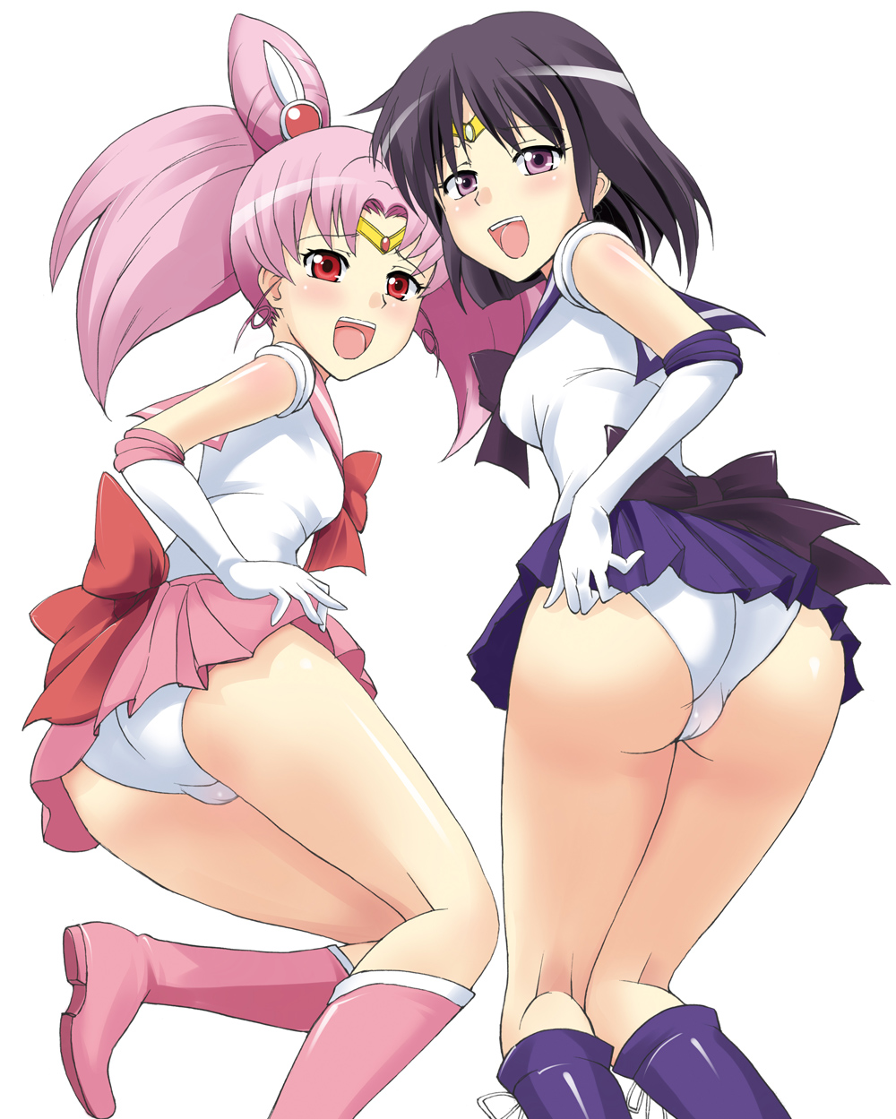 jack (jackdou), chibi usa, sailor chibi moon, sailor saturn, tomoe hotaru, bishoujo senshi sailor moon, bishoujo senshi sailor moon s, purple footwear, highres, 1990s (style), 2girls, ass, black hair, blush, bob cut, boots, bow, cameltoe, cone hair bun, elbow gloves, gloves, hair bun, knee boots, leotard, loli, magical girl, multiple girls, pink boots, pink hair, presenting, purple eyes, purple skirt, red bow, red eyes, retro artstyle, short hair, skirt, smile, take your pick, tiara, twintails, white gloves