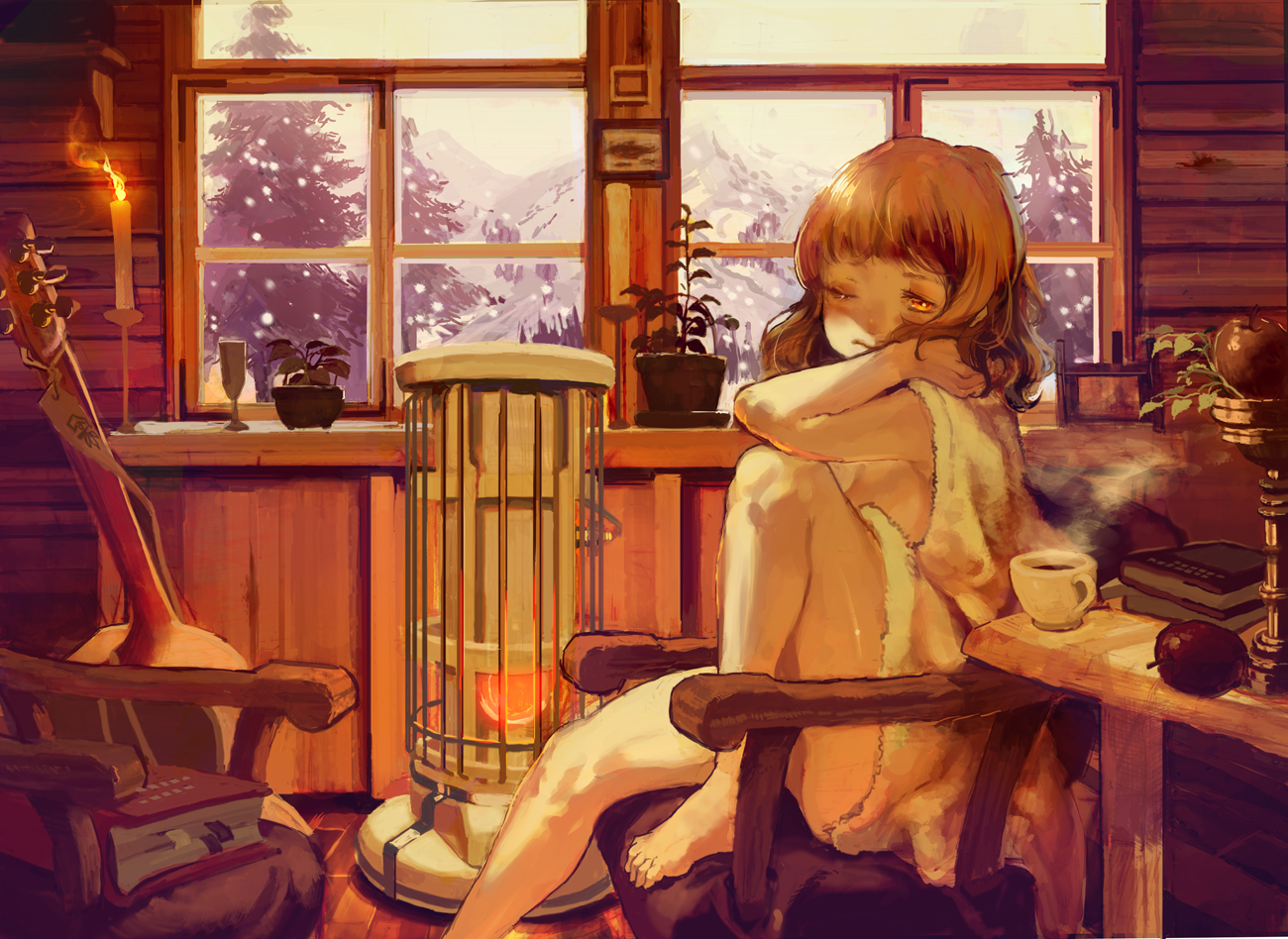 kacchuu, original, bad id, bad pixiv id, 1girl, acoustic guitar, apple, book, brown eyes, brown hair, chair, coffee, cup, feet, female focus, food, fruit, guitar, heater, instrument, mug, nude, one eye closed, snow, solo, towel, window, wink