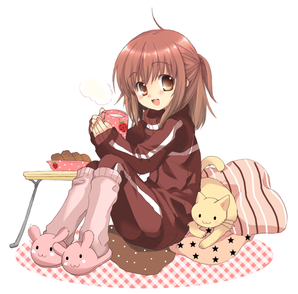 izumi rei, original, bad id, bad pixiv id, ahoge, blush, brown eyes, brown hair, cat, cup, flat chest, food, jacket, kneehighs, long sleeves, oversized clothes, pillow, sleeves past wrists, slippers, smile, socks, solo, table, track jacket