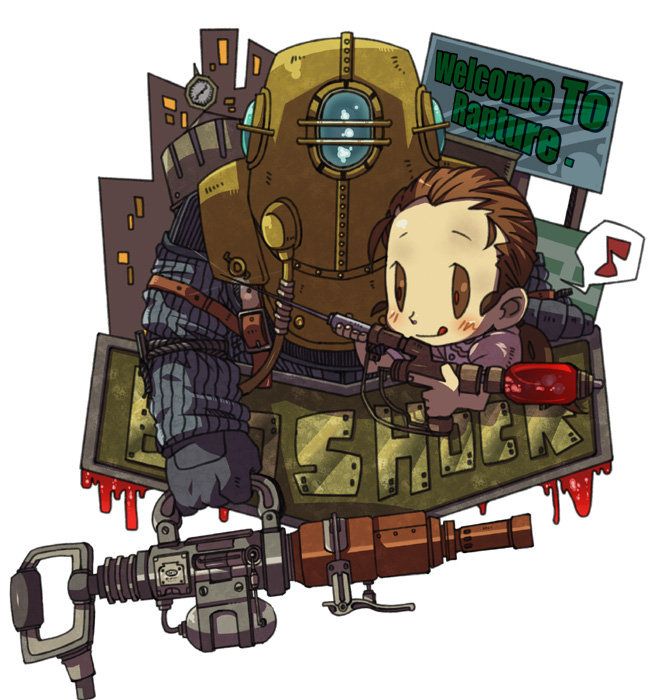 uroko (265), big daddy (bioshock), little sister (bioshock), bioshock, bioshock (series), bioshock 1, bad id, bad pixiv id, 1girl, :d, :q, blood, blood drip, chibi, diving suit, english text, gun, musical note, open mouth, smile, tongue, tongue out, weapon