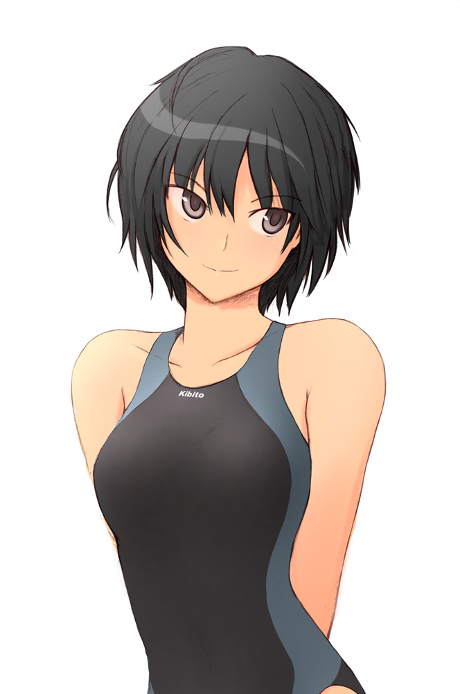 sasaki akira (ugc), nanasaki ai, amagami, 1girl, arms behind back, bare shoulders, black eyes, black hair, bob cut, competition swimsuit, female focus, one-piece swimsuit, short hair, smile, solo, swimsuit