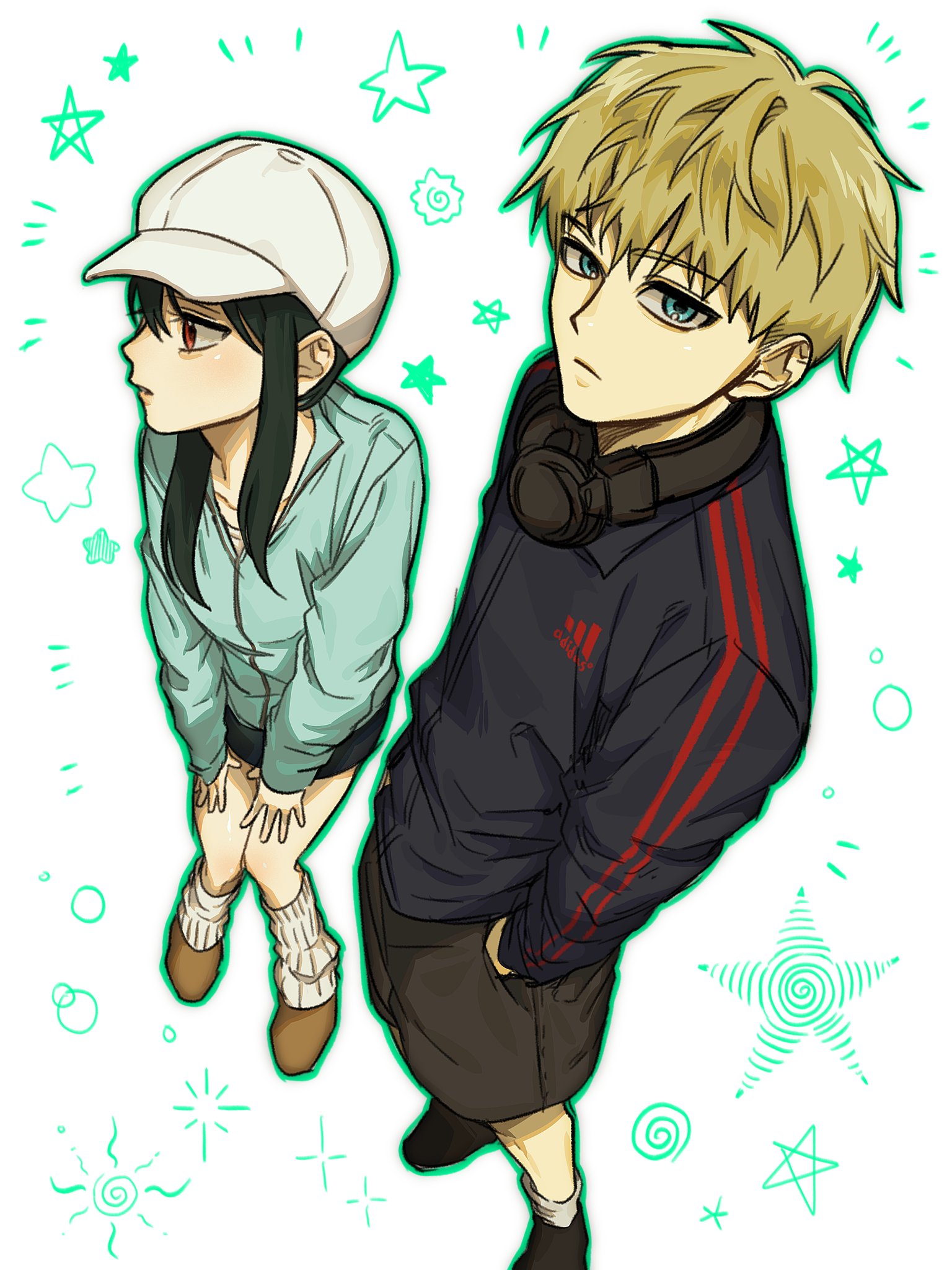 twilight (spy x family), yor briar, spy x family, commentary request, highres, korean commentary, 1boy, 1girl, alternate costume, anyabo9sheepda, black hair, blonde hair, breasts, cleavage, hat, husband and wife, jacket, large breasts, long hair, looking at viewer, red eyes, shorts, sidelocks, track jacket