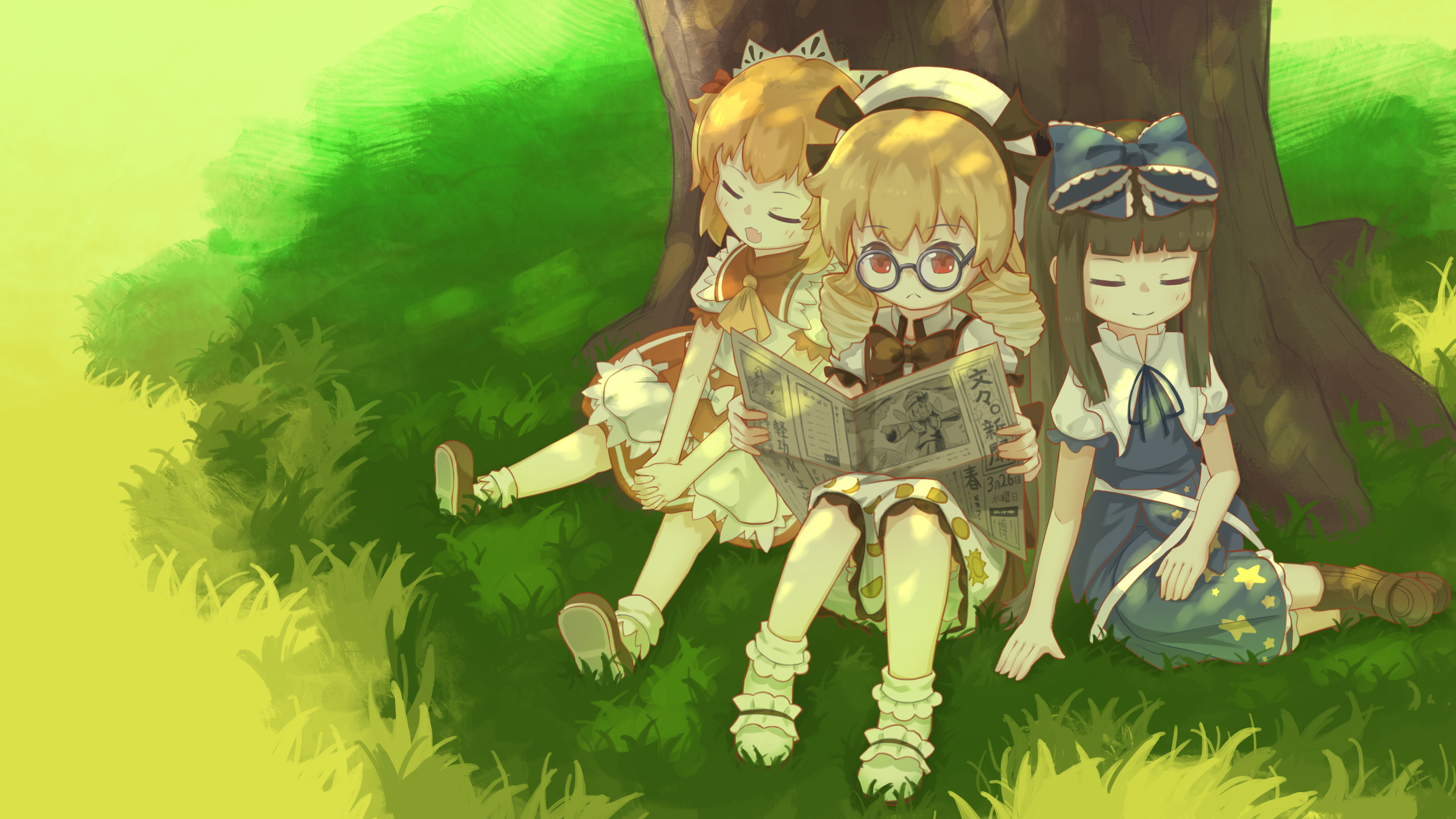 hong meiling, lily white, luna child, star sapphire, sunny milk, touhou, absurdres, commentary request, highres, translation request, 3girls, ascot, bespectacled, black bow, black bowtie, blonde hair, blue bow, blue dress, blue ribbon, bow, bowtie, brown hair, brown shoes, bunbunmaru, closed mouth, dress, drill hair, edsky0309, fang, glasses, hair bow, hat, holding, holding newspaper, interlocked fingers, long hair, multiple girls, neck ribbon, newspaper, open mouth, orange hair, outdoors, own hands together, print dress, puffy short sleeves, puffy sleeves, reading, red eyes, ribbon, shadow, shoes, short sleeves, sitting, skin fang, smile, socks, star (symbol), star print, tree, white dress, white hat, white socks, yellow ascot