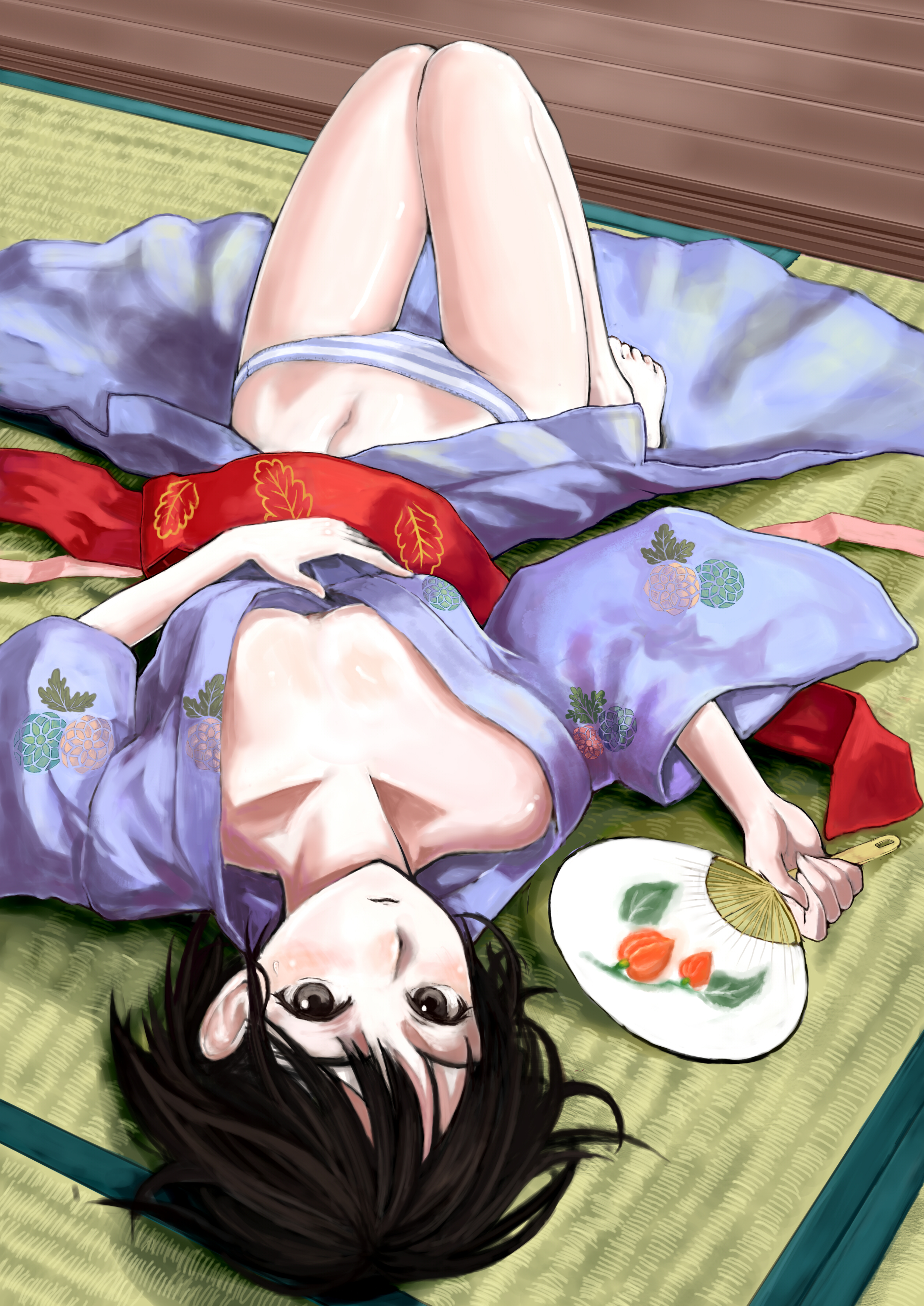ryou@ryou, original, absurdres, highres, 1girl, barefoot, black eyes, black hair, breasts, cleavage, female focus, hand fan, japanese clothes, kimono, navel, open clothes, open kimono, panties, paper fan, short hair, solo, striped clothes, striped panties, tatami, uchiwa, underwear, upside-down