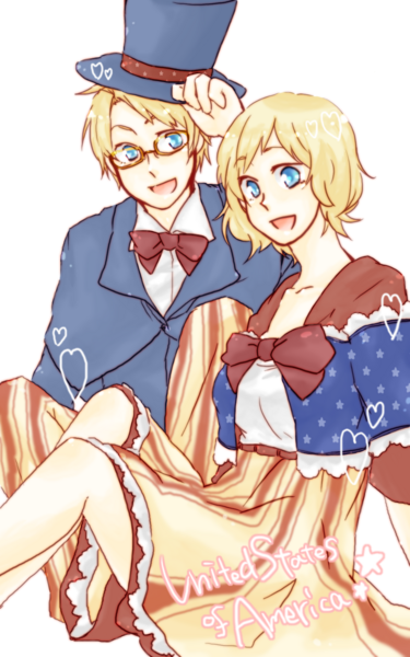 america (hetalia), axis powers hetalia, gender request, tagme, 00s, 1boy, 1girl, blonde hair, blue eyes, bow, dress, dual persona, genderswap, hat, heart, looking at viewer, short hair, smile, top hat, transparent background, united states