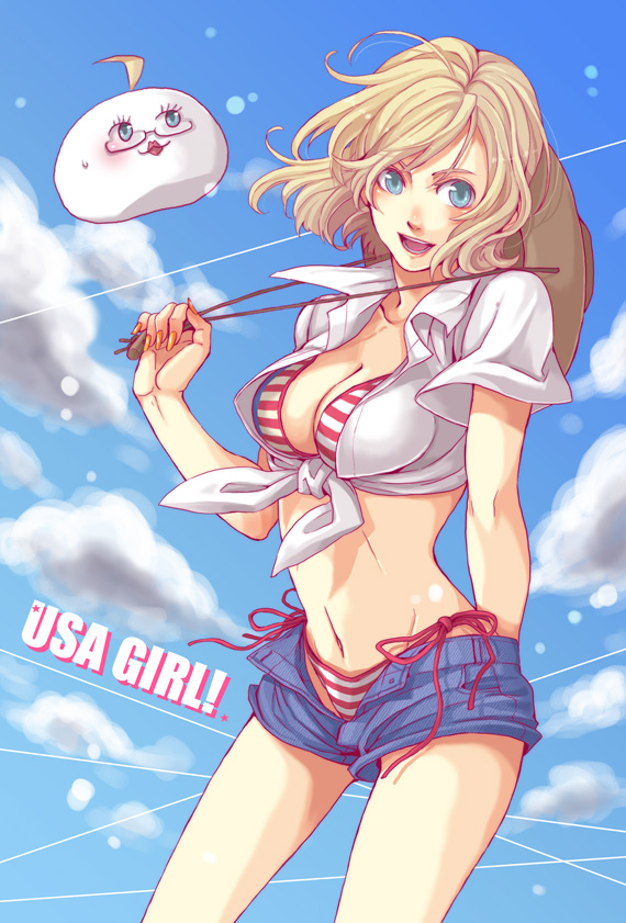 ichi (pixiv840673), america (hetalia), axis powers hetalia, bad id, gender request, 00s, 1girl, :3, :d, ahoge, bikini, bikini top only, bikini under clothes, blonde hair, blue eyes, breasts, cloud, contrapposto, cowboy hat, creature, crop top, denim, denim shorts, english text, food, genderswap, glasses, hat, large breasts, looking at viewer, mochi, open clothes, open fly, open mouth, open shirt, outdoors, semi-rimless eyewear, shirt, short shorts, shorts, side-tie bikini bottom, sky, smile, string bikini, striped bikini, striped clothes, sweatdrop, swimsuit, tied shirt, under-rim eyewear, wagashi