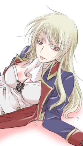 prussia (hetalia), axis powers hetalia, gender request, lowres, 00s, 1girl, :p, breasts, cleavage, female focus, genderswap, large breasts, looking at viewer, simple background, solo, tongue, tongue out, white background