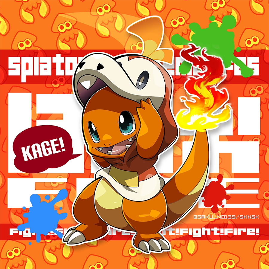 kumano sakunosuke, charmander, fuecoco, inkling (swim form), nintendo, pokemon, splatoon (series), blue eyes, claws, clothed pokemon, cosplay, fire, flame-tipped tail, fuecoco (cosplay), full body, gen 1 pokemon, no humans, open mouth, pokemon (creature), solo, splatter, standing, tail
