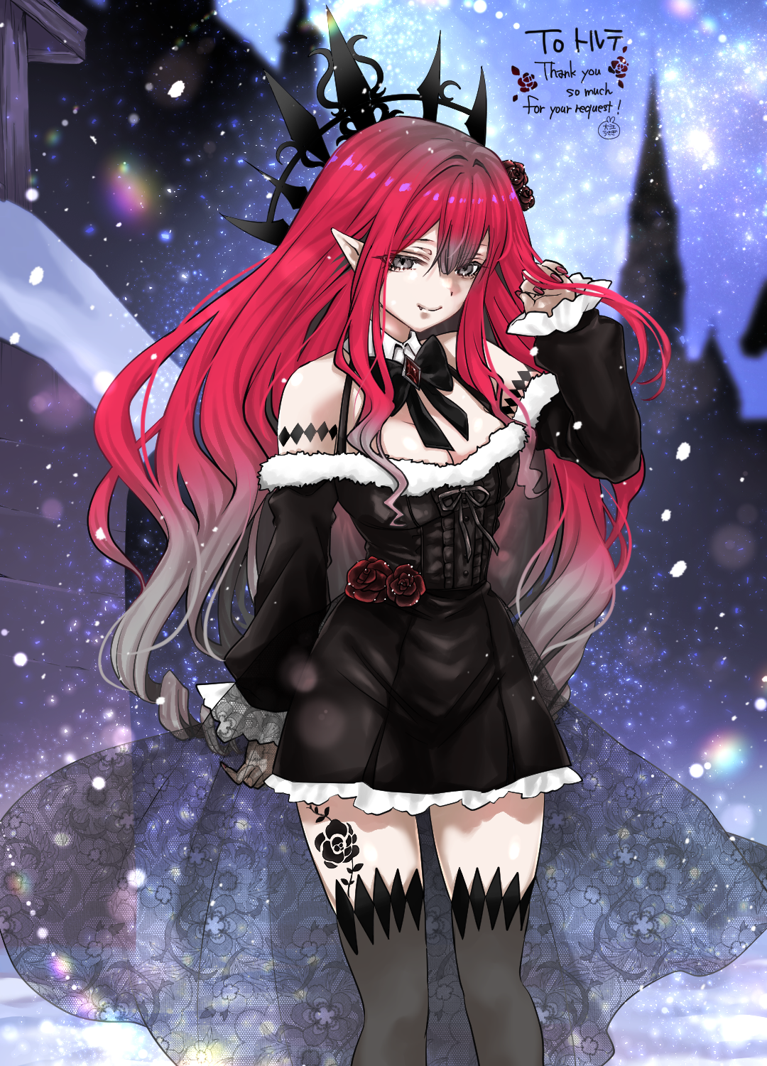 baobhan sith (fate), fate/grand order, fate (series), commission, highres, skeb commission, 1girl, black dress, black thighhighs, breasts, cleavage, dress, fang, grey eyes, hand up, long hair, looking at viewer, pink hair, pointy ears, sidelocks, smile, solo, thighhighs, usausagitan