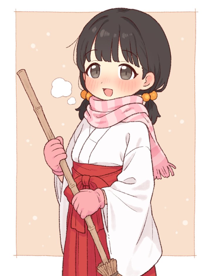 onyhakase, original, 1girl, black hair, blush, broom, gloves, hair bobbles, hair ornament, hakama, holding, holding broom, japanese clothes, miko, open mouth, pink gloves, red hakama, scarf, smile, solo, twintails