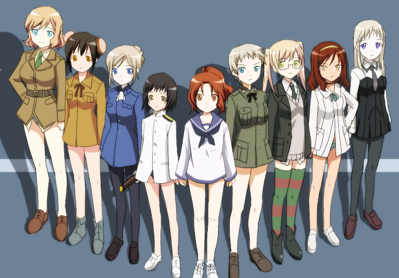 america (hetalia), china (hetalia), france (hetalia), germany (hetalia), japan (hetalia), northern italy (hetalia), russia (hetalia), southern italy (hetalia), united kingdom (hetalia), axis powers hetalia, strike witches, world witches series, striped legwear, gender request, 00s, 6+girls, aqua eyes, black hair, blonde hair, blue eyes, breasts, brown eyes, brown hair, crossover, female focus, genderswap, long hair, multiple girls, ponytail, shoes, short hair, thighhighs, twintails, yellow eyes, zettai ryouiki