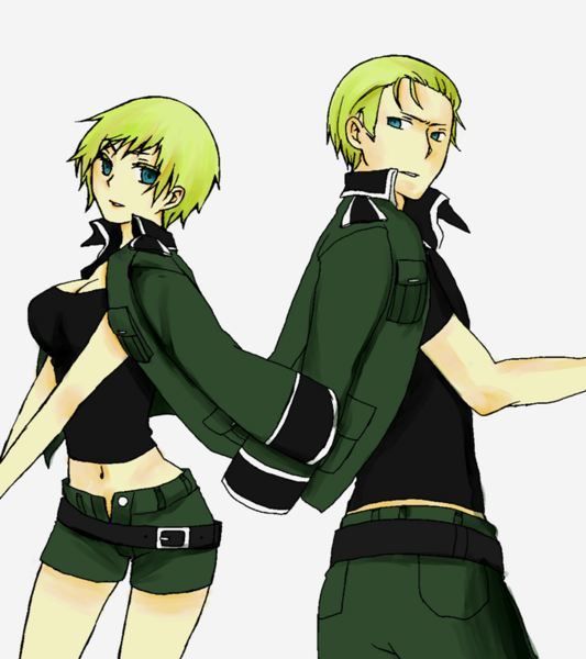germany (hetalia), axis powers hetalia, gender request, tagme, 00s, 1boy, 1girl, aqua eyes, belt, blonde hair, breasts, dual persona, genderswap, jacket, jacket on shoulders, large breasts, looking at viewer, midriff, short hair, shorts, simple background, white background