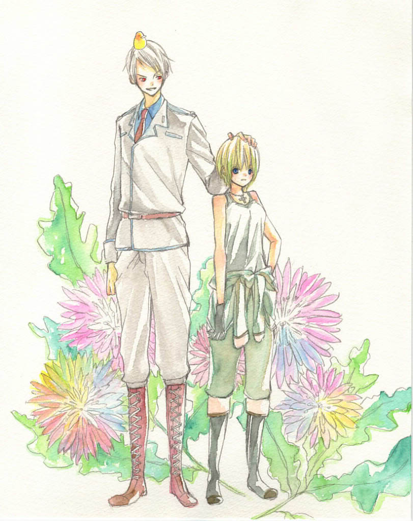 germany (hetalia), prussia (hetalia), axis powers hetalia, hand on head, gender request, painting (medium), traditional media, watercolor (medium), 00s, 1boy, 1girl, blonde hair, blue eyes, boots, cross, cross necklace, genderswap, gloves, hand on own hip, jewelry, necklace, necktie, short hair, simple background, white hair