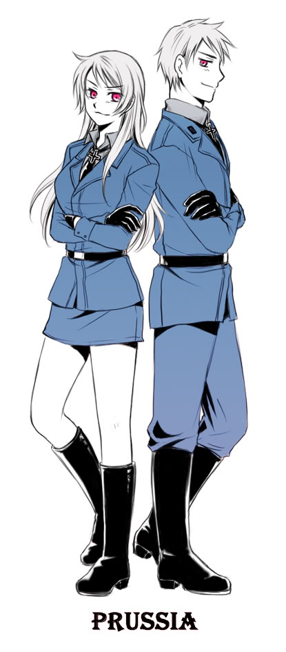 prussia (hetalia), axis powers hetalia, gender request, 00s, 1boy, 1girl, boots, cross, dual persona, genderswap, iron cross, looking at viewer, military, military uniform, miniskirt, red eyes, simple background, skirt, white background