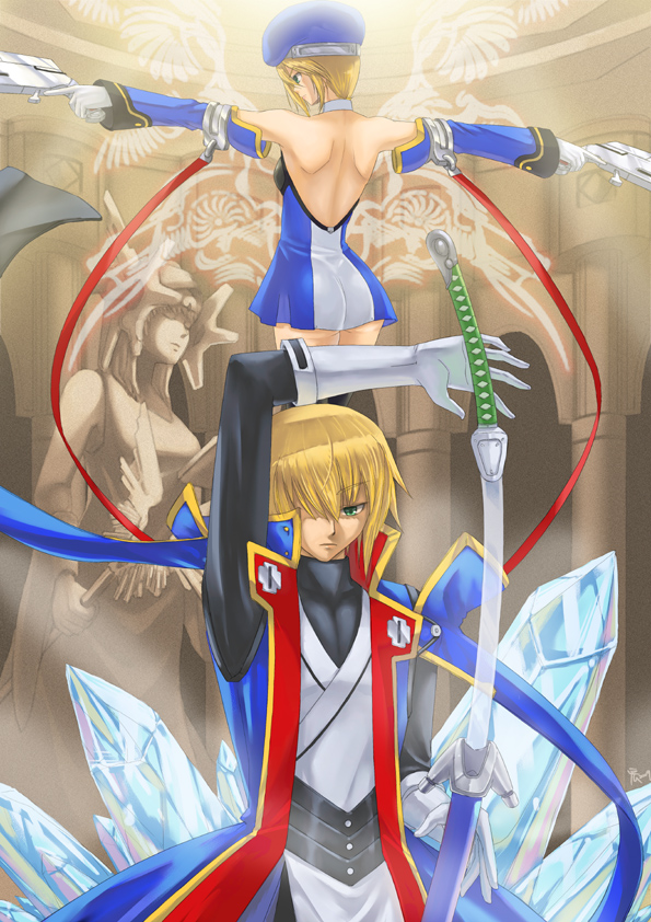 chu31004, chuex, kisaragi jin, noel vermillion, arc system works, blazblue, blazblue: calamity trigger, 1boy, 1girl, ass, back, bare back, bare shoulders, beret, blonde hair, couple, detached sleeves, dress, green eyes, gun, hair over one eye, handgun, hat, ice, icicle, japanese clothes, military, military uniform, miniskirt, revolver, short hair, siblings, skirt, statue, sword, thighhighs, weapon, yukianesa