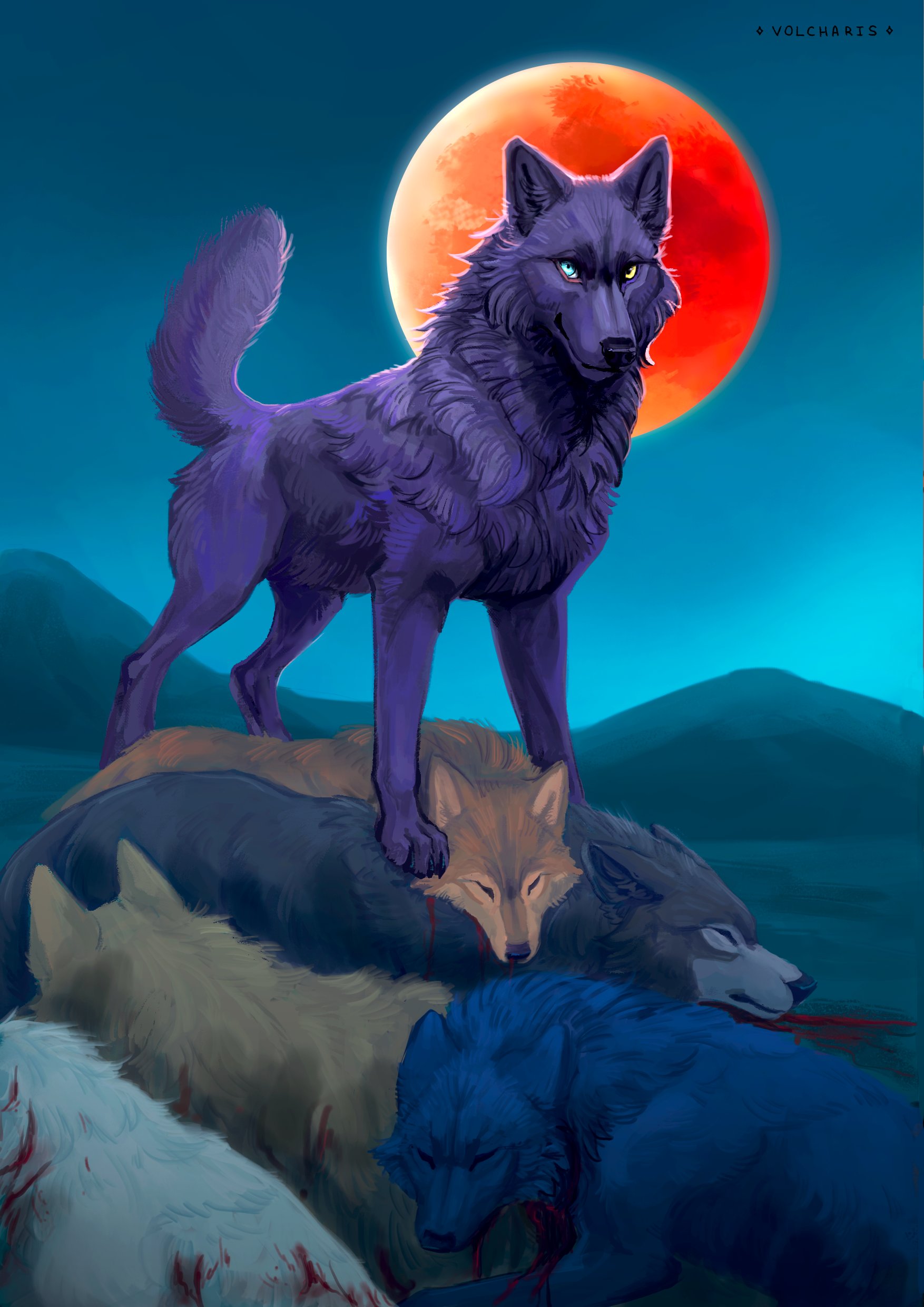 blue (wolf's rain), darcia, hige, kiba, toboe, tsume, wolf's rain, absurdres, highres, animal, animal focus, blood, blue eyes, closed mouth, full body, full moon, heterochromia, implied death, moon, moon behind head, no humans, outdoors, red moon, sky, standing, volcharis, wolf, yellow eyes