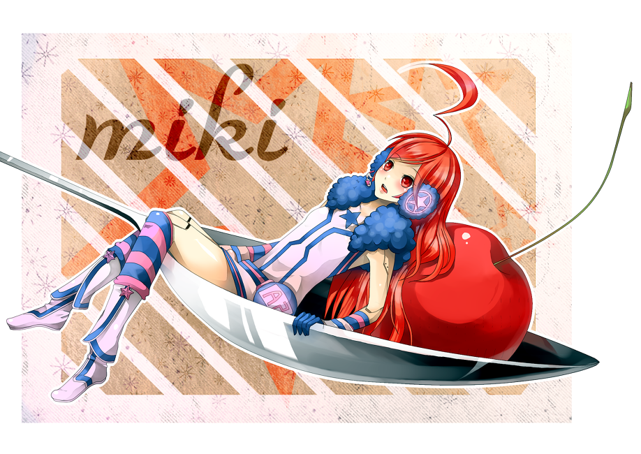 sasasasa, sf-a2 miki, vocaloid, multicolored legwear, bad id, bad pixiv id, 1girl, ahoge, android, apple, belt, boots, cherry, dress, female focus, food, fruit, gloves, headphones, headset, joints, kneehighs, long hair, mini person, minigirl, red eyes, red hair, robot joints, socks, solo, spoon, star (symbol), striped clothes, striped gloves, striped socks, wrist cuffs