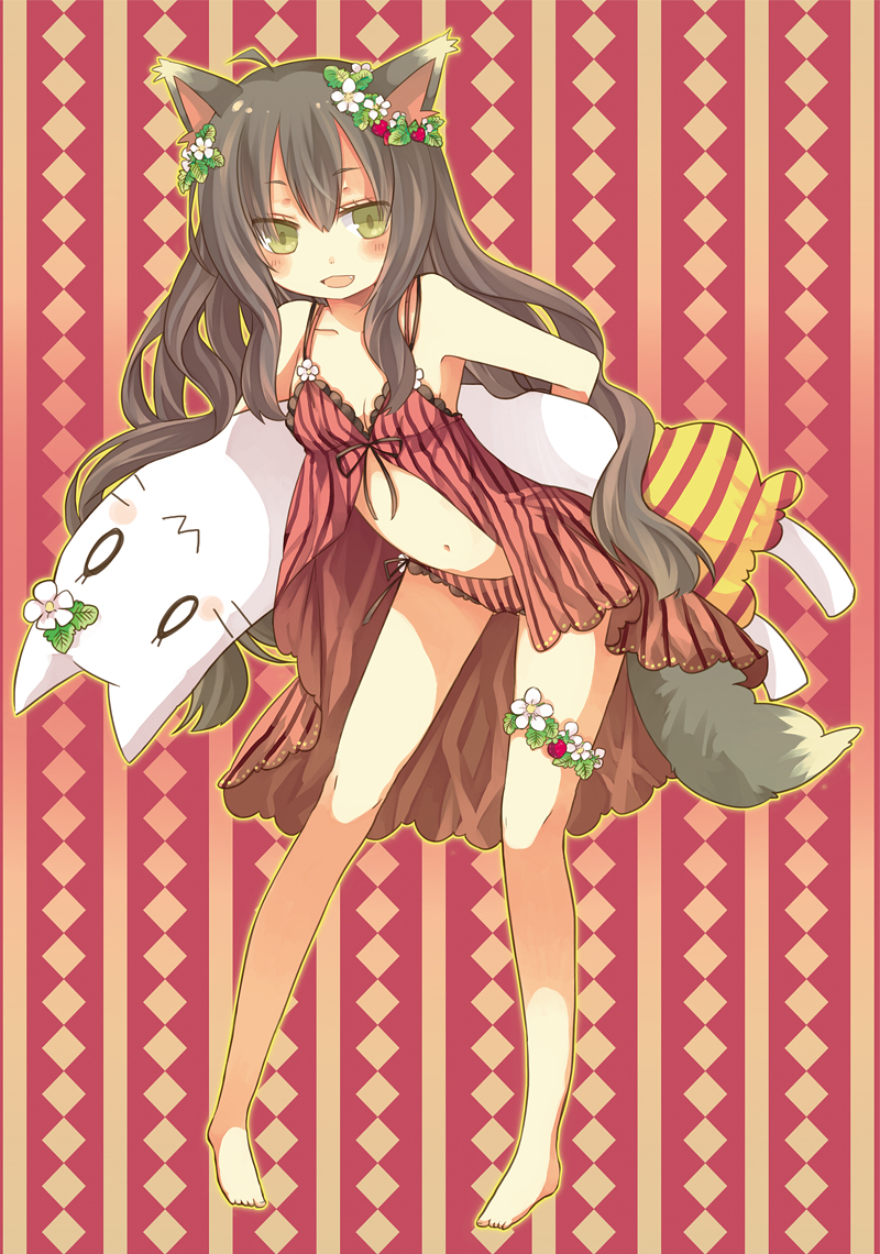 aruya (flosrota), original, bad id, bad pixiv id, 1girl, animal ears, barefoot, blush, brown hair, dog ears, dog tail, fang, female focus, flower, food as clothes, green eyes, hair flower, hair ornament, legs, lingerie, long hair, navel, panties, side-tie panties, solo, striped clothes, striped panties, stuffed animal, stuffed toy, tail, underwear