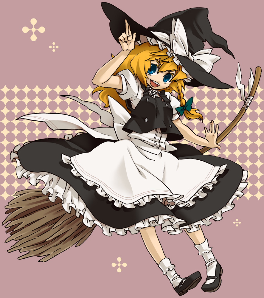 miyuu (crazy lollipop), miyuzu, kirisame marisa, touhou, eyebrows, bad id, bad pixiv id, 1girl, :d, apron, bandages, black hat, black shoes, black skirt, black vest, blonde hair, blue eyes, bow, braid, broom, colored eyelashes, dress shirt, female focus, frilled apron, frills, full body, hair bow, hat, hat bow, hat ribbon, legs apart, long hair, looking at viewer, mary janes, open mouth, ribbon, shirt, shoes, short sleeves, single braid, skirt, smile, socks, solo, vest, waist apron, white apron, white bow, white ribbon, white shirt, white socks, witch, witch hat