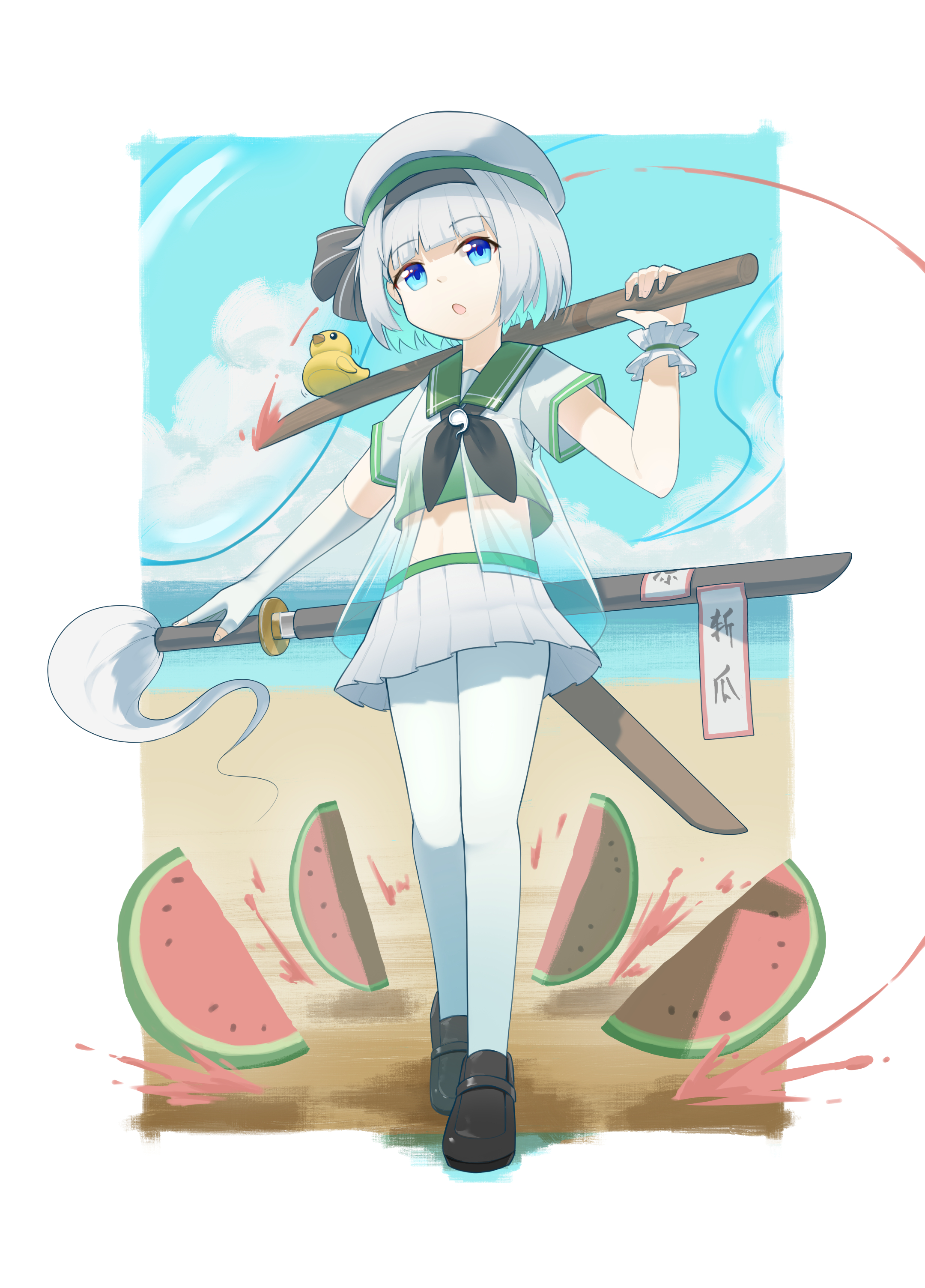 konpaku youmu, konpaku youmu (ghost), touhou, absurdres, chinese commentary, commentary request, commission, highres, translation request, 1girl, alternate costume, beach, beret, black hairband, black neckerchief, blue eyes, blue sky, bokken, brown shoes, cloud, day, edsky0309, elbow gloves, fingerless gloves, food, fruit, full body, gloves, green sailor collar, grey hair, hairband, hat, hitodama, katana, loafers, midriff, navel, neckerchief, ocean, open mouth, outdoors, pantyhose, pleated skirt, rubber duck, sailor collar, sailor shirt, see-through clothes, sheath, shirt, shoes, single glove, single wrist cuff, skirt, sky, solo, sword, watermelon, watermelon slice, weapon, weapon on back, white gloves, white hat, white pantyhose, white skirt, wooden sword, wrist cuffs