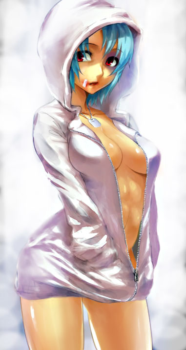 guchico, molze, original, 1girl, bandaid, blood, blue hair, breasts, cleavage, coat, female focus, hands in pockets, hood, hooded jacket, hoodie, injury, jacket, jewelry, naked coat, naked hoodie, necklace, no bra, no panties, open clothes, red eyes, solo, unzipped