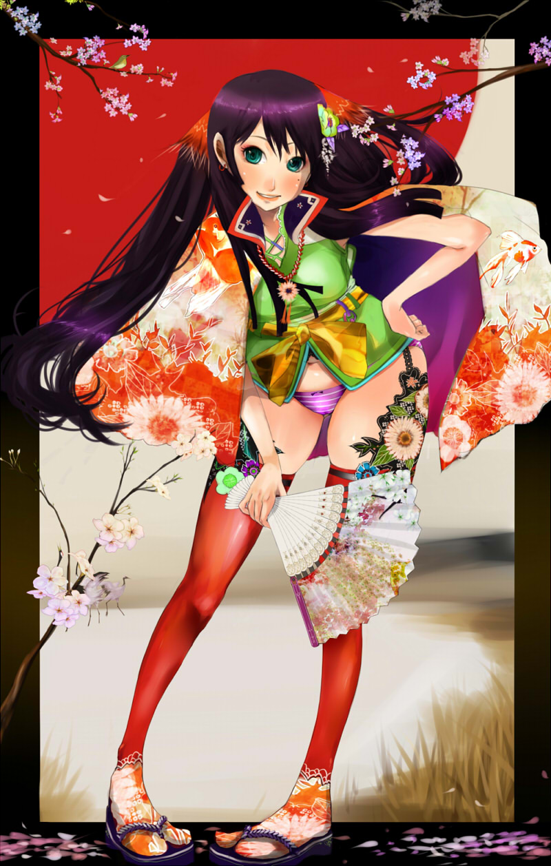 shigureteki, original, bad id, bad pixiv id, highres, 1girl, blush, colorful, female focus, flower, garter belt, green eyes, hair flower, hair ornament, hand fan, hand on own hip, hip focus, leaning forward, legs, lips, long hair, lowleg, mole, mole under eye, panties, pigeon-toed, purple hair, red thighhighs, sandals, solo, striped clothes, striped panties, thighhighs, underwear