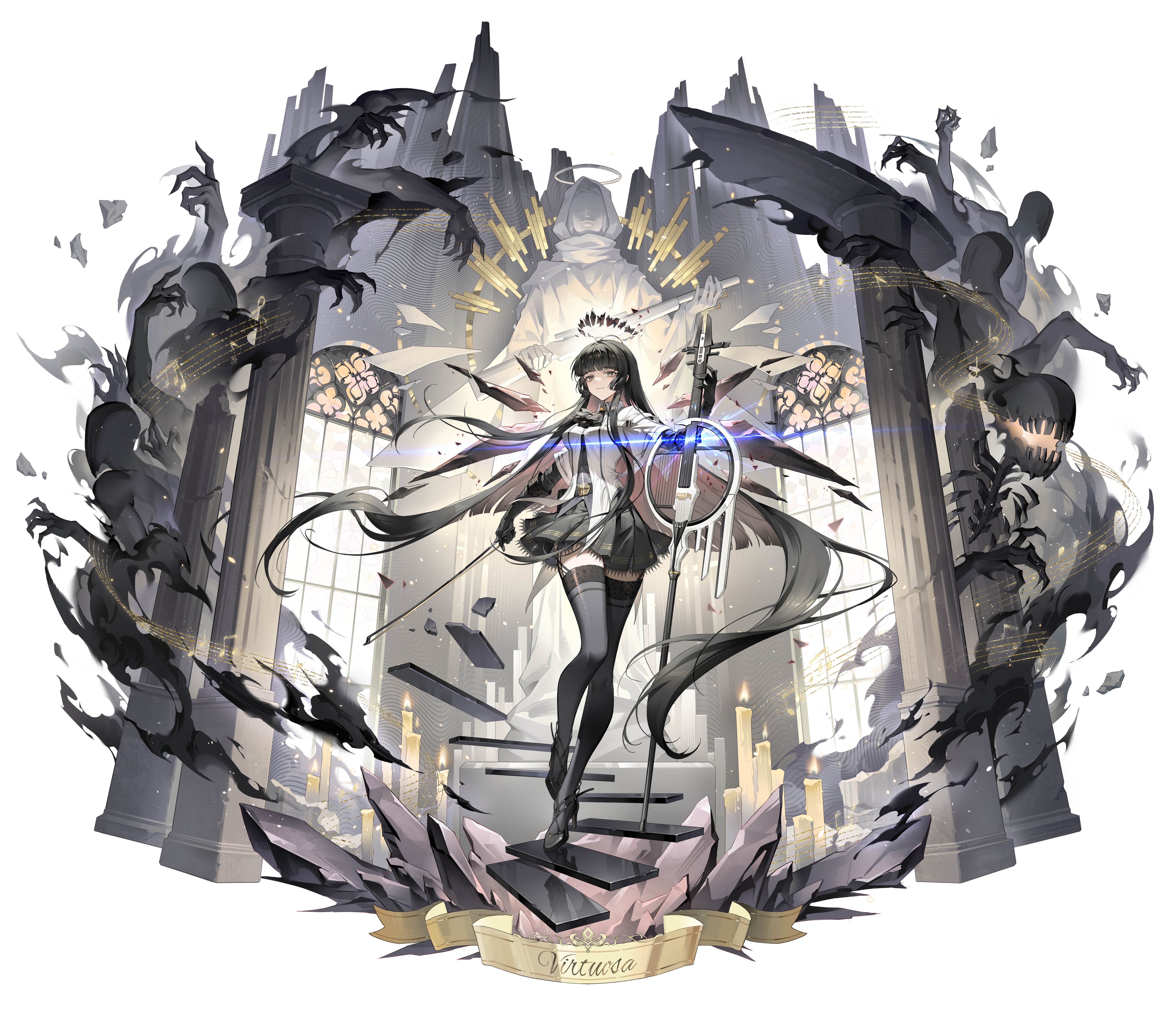 liangjiu373, virtuosa (arknights), arknights, absurdres, chinese commentary, commentary request, highres, 1girl, animal skeleton, ascot, black ascot, black eyes, black gloves, black hair, black halo, black shoes, black thighhighs, blunt bangs, bow (music), breasts, broken halo, candle, cello, character name, closed mouth, collared jacket, column, detached wings, floating hair, floating stairs, full body, glint, gloves, halo, high heels, hime cut, holding, holding bow (music), holding instrument, holding violin, instrument, jacket, layered sleeves, long hair, long sleeves, looking at viewer, medium breasts, mole, mole under eye, pillar, shadow hands, shoes, short-sleeved jacket, short over long sleeves, short sleeves, sidelocks, smile, smoke, solo, standing, statue, thighhighs, very long hair, violin, window, wings, yellow pupils