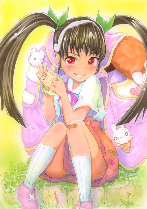 mayo riyo, hachikuji mayoi, bakemonogatari, monogatari (series), bad id, bad pixiv id, 00s, 1girl, backpack, bag, bandaid, bandaid on knee, bandaid on leg, black hair, blush, bow, bracelet, female focus, flat chest, grin, hair bow, jewelry, long hair, money, randoseru, red eyes, sitting, smile, socks, solo, sweatdrop, twintails