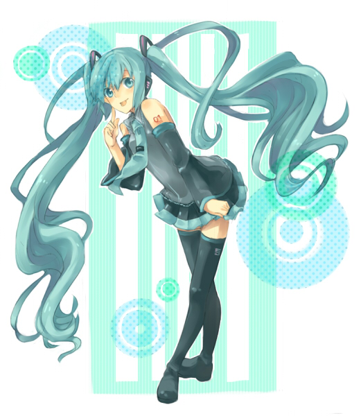 asahikawa hiyori, hatsune miku, vocaloid, bad id, bad pixiv id, 1girl, :p, aqua eyes, aqua hair, bare shoulders, detached sleeves, female focus, full body, headset, leaning forward, legs, long hair, miniskirt, necktie, skirt, solo, thighhighs, tongue, tongue out, twintails, very long hair, zettai ryouiki