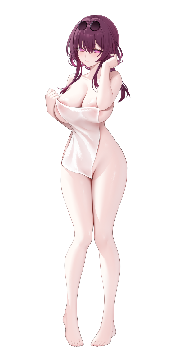 miko (royal milk), kafka (honkai: star rail), honkai: star rail, honkai (series), commentary request, 1girl, areola slip, blush, breasts, closed mouth, eyewear on head, full body, glasses, hand up, large breasts, looking at viewer, medium hair, nude, pince-nez, purple eyes, purple hair, simple background, smile, standing, thighs, towel, white background