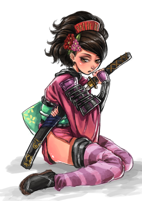 tianzhong zhongtian, momohime, oboro muramasa, 1girl, armor, black hair, female focus, flower, full body, hair ornament, japanese armor, japanese clothes, katana, kimono, kneeling, sandals, sheath, shoulder armor, sitting, sode, solo, striped clothes, striped thighhighs, sword, thighhighs, unsheathing, weapon, yukata