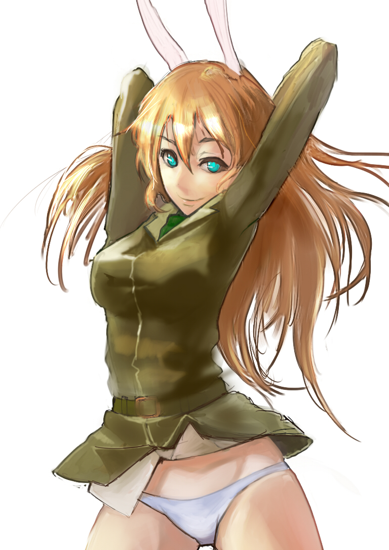 miatsushi, charlotte e. yeager, strike witches, world witches series, bad id, bad pixiv id, 00s, 1girl, animal ears, aqua eyes, arms behind head, arms up, belt, breasts, brown hair, female focus, long hair, panties, rabbit ears, rabbit girl, solo, underwear, white background