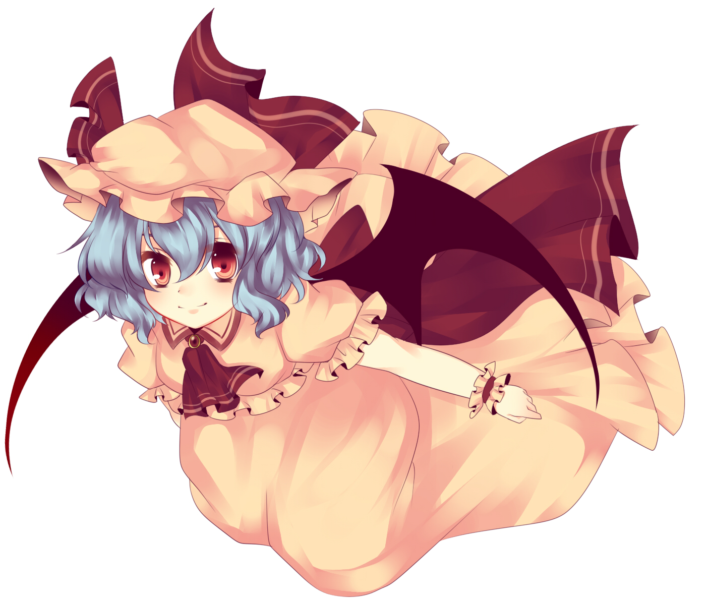 uranaishi (miraura), remilia scarlet, touhou, bad id, bad pixiv id, highres, 1girl, bat wings, blue hair, female focus, hat, red eyes, short hair, simple background, smile, solo, wings, wrist cuffs