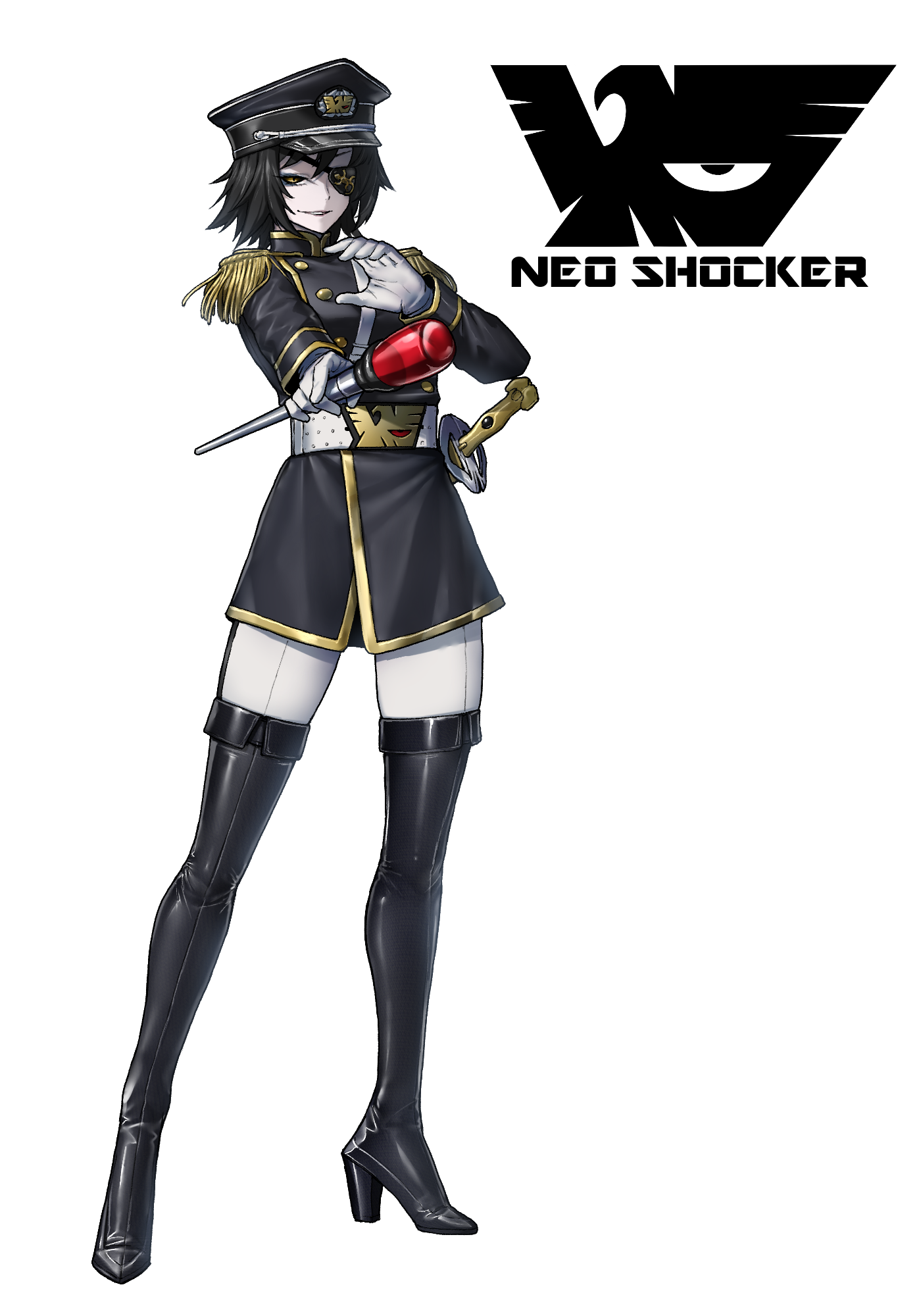 eidenjyou1997, kamen rider, neo kamen rider, commentary request, highres, 1girl, belt, black boots, black hair, black hat, black jacket, blue eyeliner, boots, emblem, epaulettes, eyeliner, eyepatch, full body, genderswap, genderswap (mtf), general monster, gloves, hat, high heel boots, high heels, holding, holding rod, jacket, long sleeves, looking at viewer, makeup, medium hair, military dress uniform, military hat, military jacket, military uniform, pants, parted lips, peaked cap, rod, sheath, sheathed, shocker (kamen rider), simple background, smirk, solo, standing, sword, teeth, weapon, white background, white belt, white gloves, white pants, yellow eyes