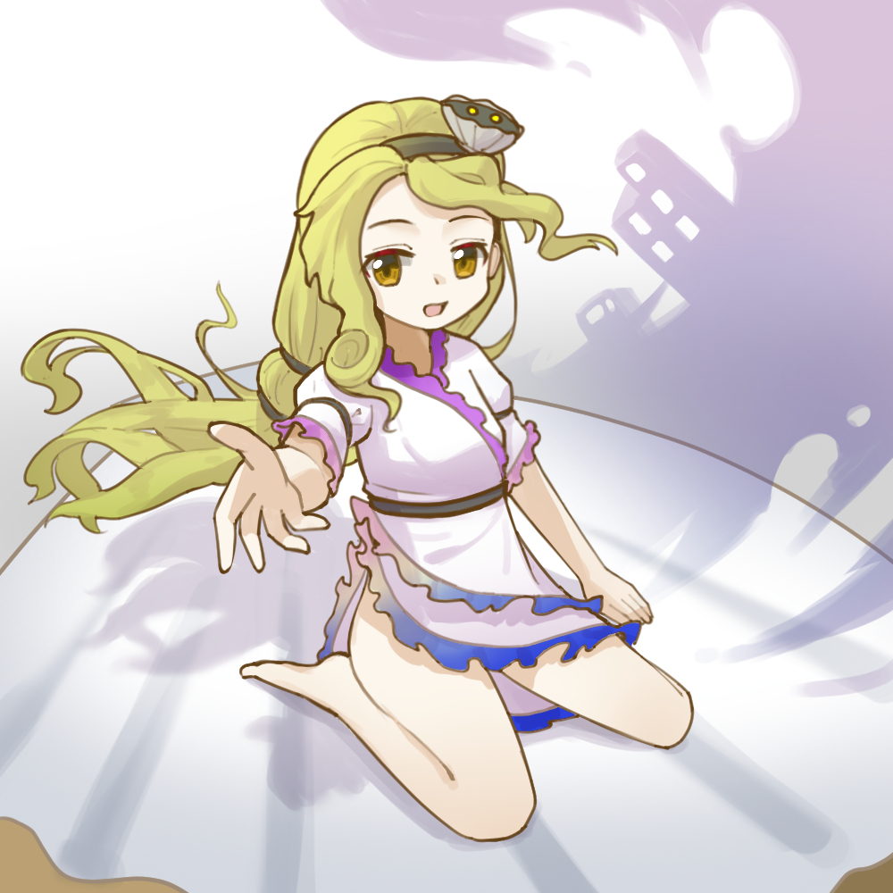 watari nina, touhou, commentary, 1girl, barefoot, black hairband, blonde hair, dress, edsky0309, frilled sleeves, frills, hair ornament, hairband, long hair, looking at viewer, open mouth, orange eyes, reaching, reaching towards another, shell, shell hair ornament, side slit, sitting, smile, solo, very long hair, white dress