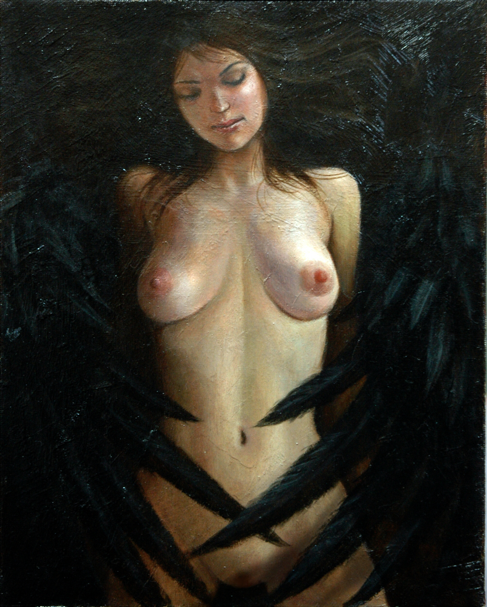 original, commentary request, highres, oil painting (medium), painting (medium), traditional media, 1girl, black hair, black wings, breasts, closed eyes, closed mouth, completely nude, cowboy shot, feathered wings, female pubic hair, harpy, kasumi kaworu, linea alba, long hair, medium breasts, monster girl, navel, nipples, nude, pubic hair, realistic, solo, stomach, wings