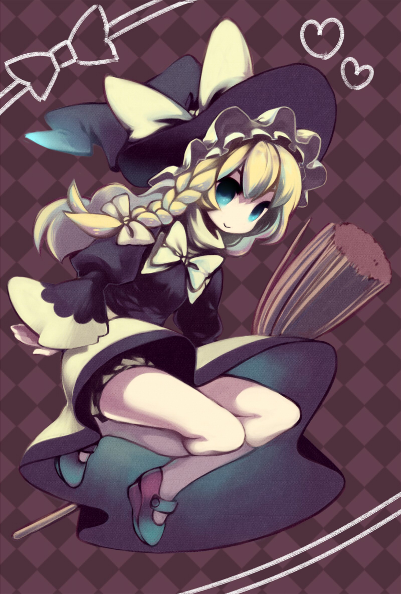 nanokak, kirisame marisa, touhou, bad id, bad pixiv id, 1girl, blonde hair, blue eyes, braid, broom, female focus, full body, hat, legs, long hair, skirt, solo, witch, witch hat