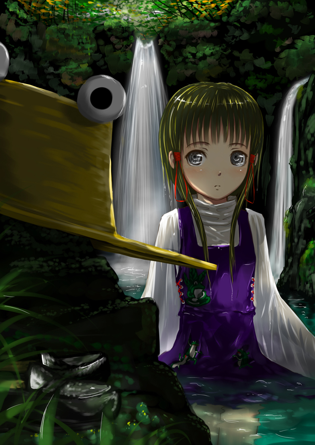 mutsutsu, mututu, moriya suwako, touhou, 1girl, blonde hair, blue eyes, female focus, hat, long hair, solo, unworn hat, unworn headwear, water