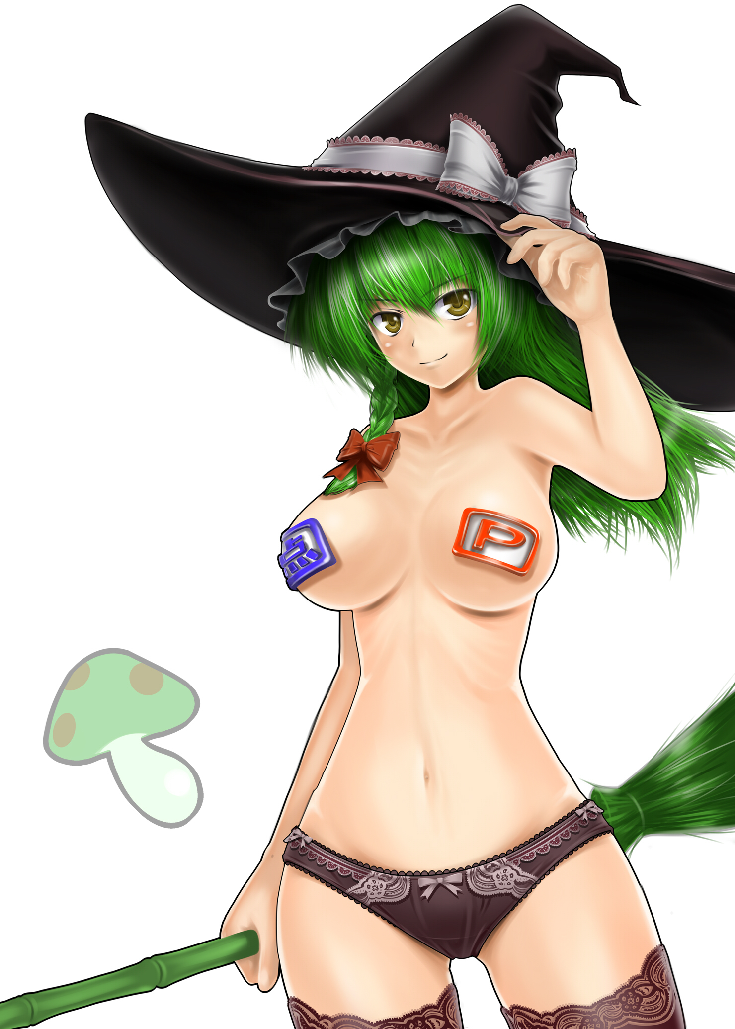 mocchisake, kirisame marisa, touhou, highres, 1girl, alternate hair color, black panties, braid, breasts, broom, brown eyes, censored, censored nipples, female focus, green hair, hat tip, mushroom, novelty censor, panties, pasties, power-up, side braid, single braid, smile, solo, thighhighs, underwear, yellow eyes